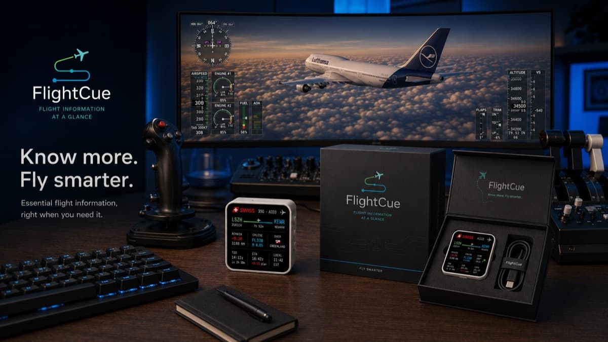 FlightCue on a streamer desk with cockpit setup